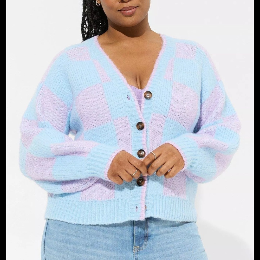 Torrid 0‎ 0X Cardigan Button Front Sweater Camille Check Summer Song Wool Blend